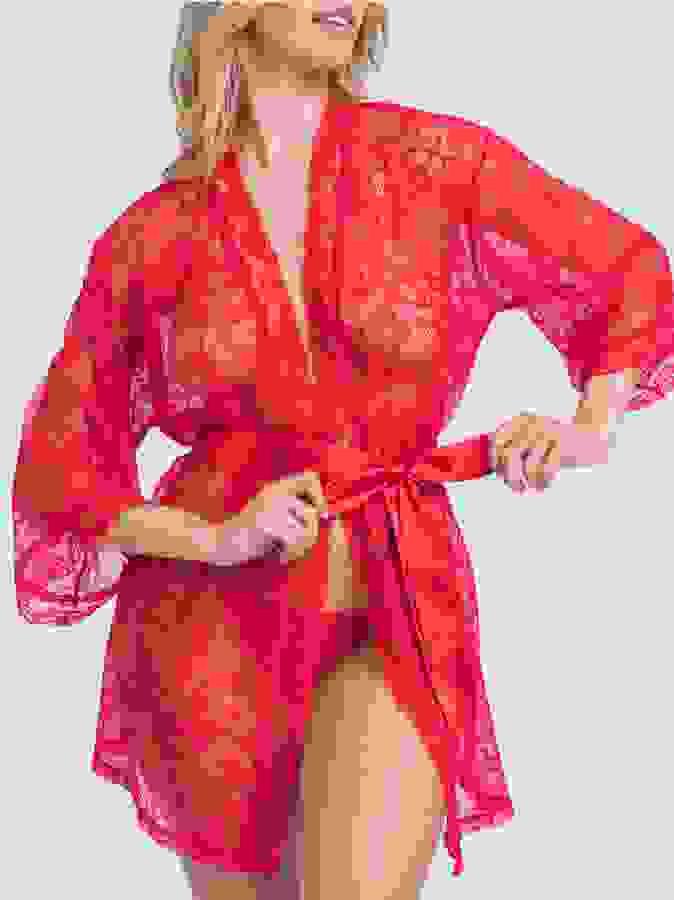 Lovehoney Flaunt Me Red Lace Robe, Red, hi-res